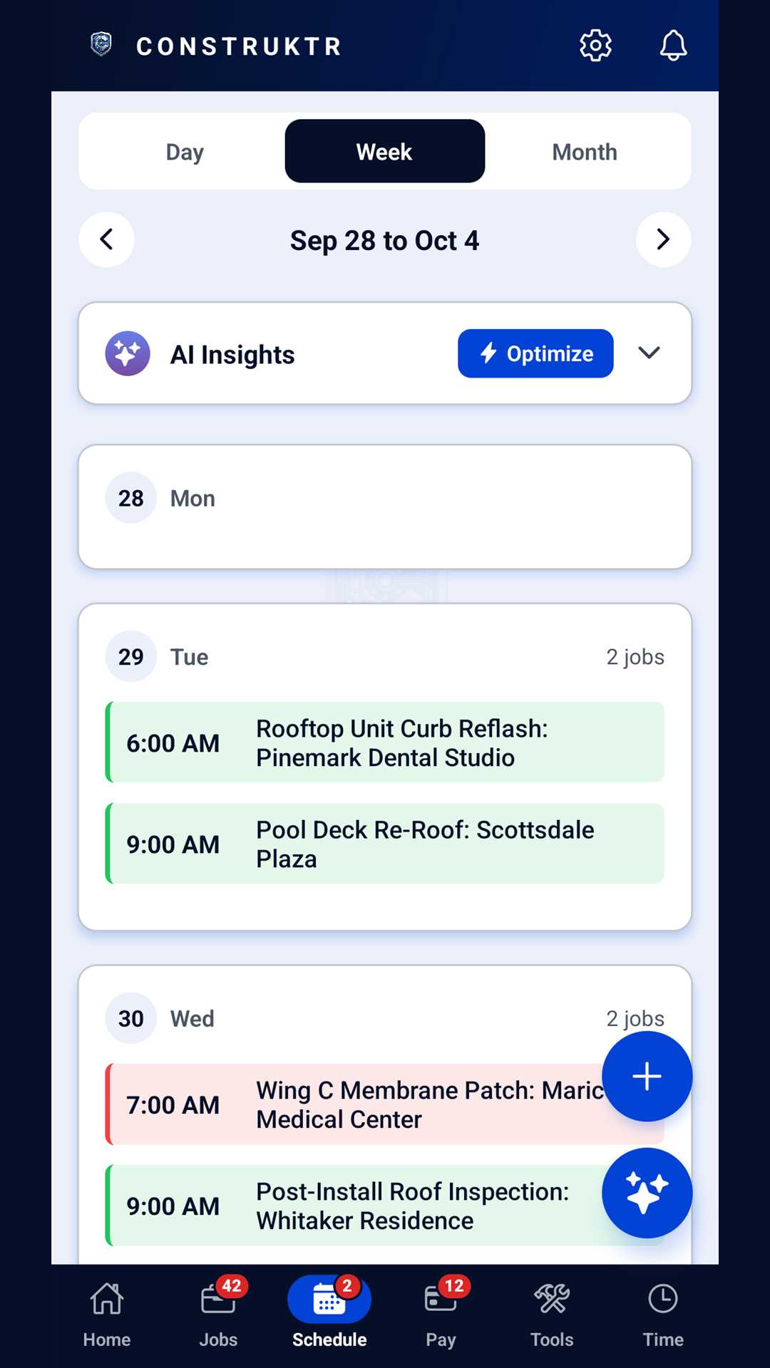 The CONSTRUKTR app's schedule in week view, with each day's jobs and their start times, such as a rooftop unit curb reflash at 6 AM and a pool deck re-roof at 9 AM