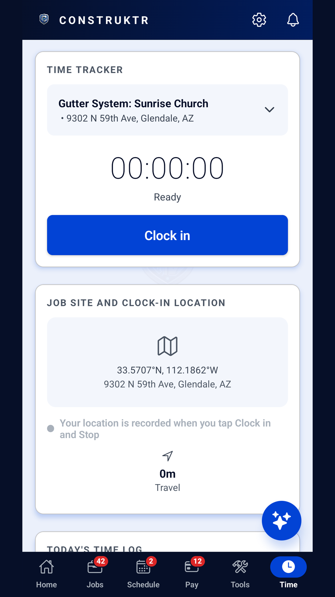 The CONSTRUKTR app's time tracker on a gutter job, with a Clock in button and the job site address and location recorded at clock-in