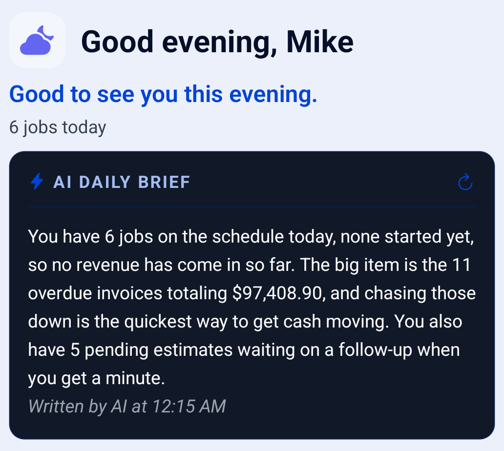 The CONSTRUKTR app's home screen for the demo company: a greeting, 6 jobs today, and the AI daily brief, which says none have started, 11 invoices are overdue, totaling $97,408.90, and chasing them is the quickest way to get cash moving, and 5 estimates are waiting on a follow-up