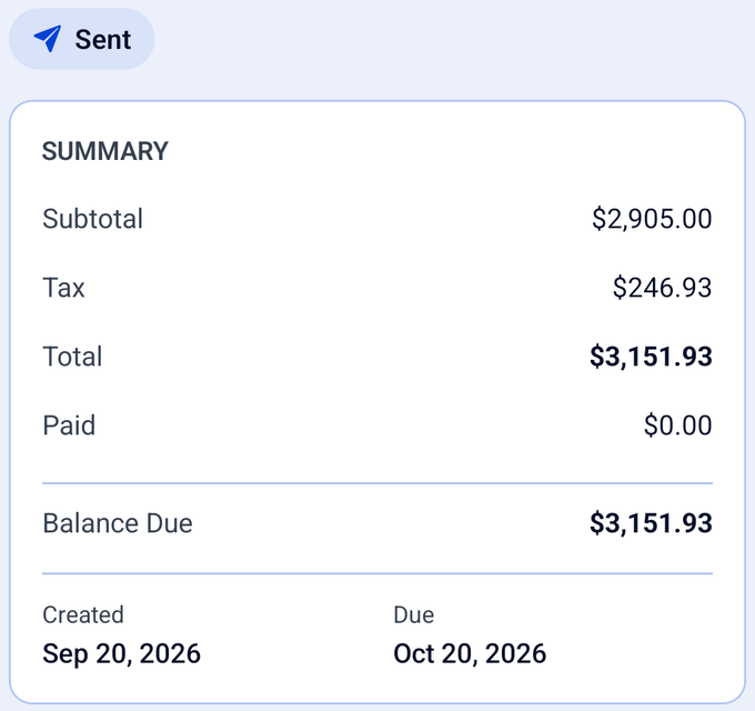 A sent invoice in the CONSTRUKTR app, marked Sent: the summary, with subtotal $2,905.00, tax $246.93, total $3,151.93, $0.00 paid and a balance due of $3,151.93, created September 20 and due October 20