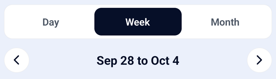 The top of the CONSTRUKTR app's schedule: Day, Week and Month tabs with Week selected, and the week of September 28 to October 4 with arrows to the previous and next week