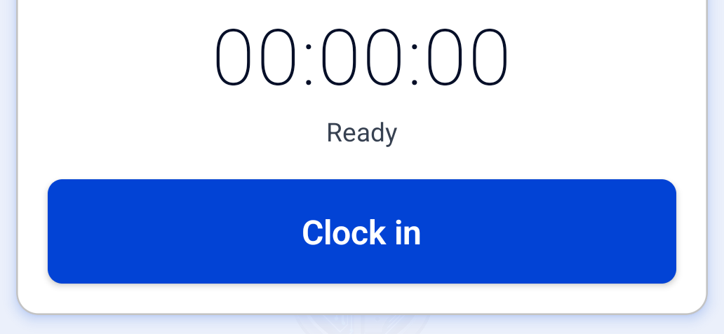 The CONSTRUKTR app's time tracker with the timer at zero, marked Ready, and a large Clock in button