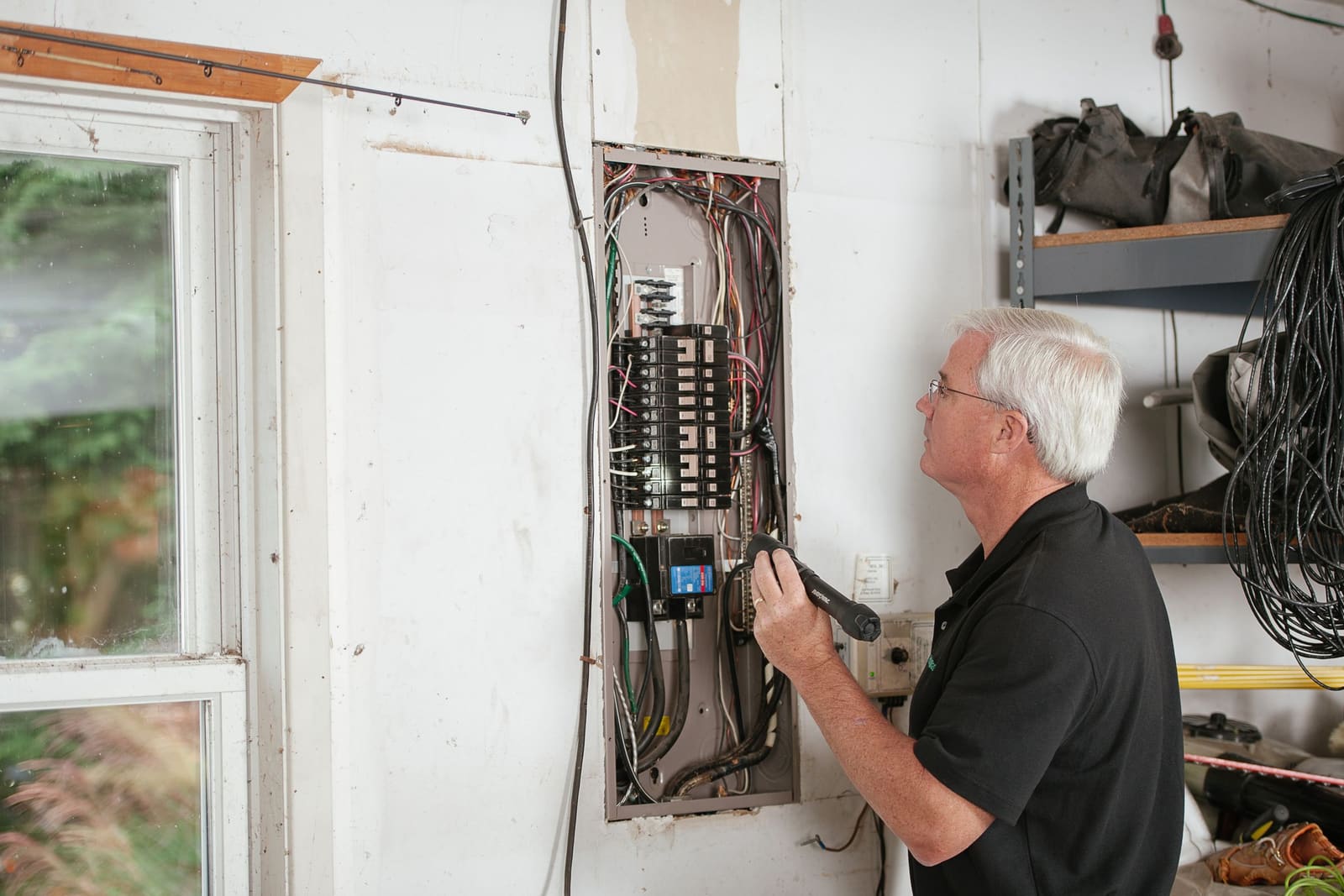 An electrician working at a home's breaker panel.