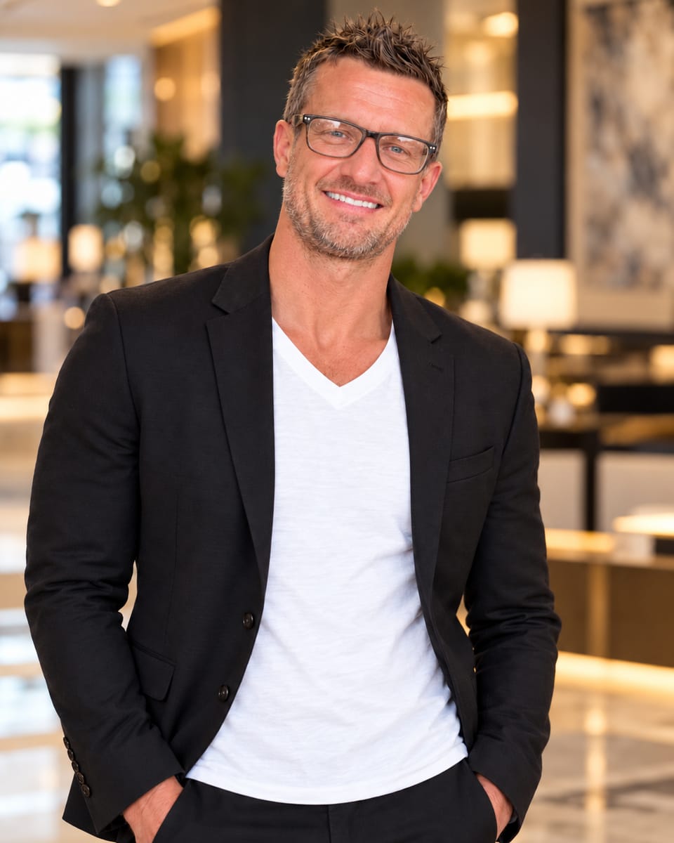 Tyson Lerfald, smiling, in glasses, a black jacket and a white T-shirt, standing in a bright lobby.