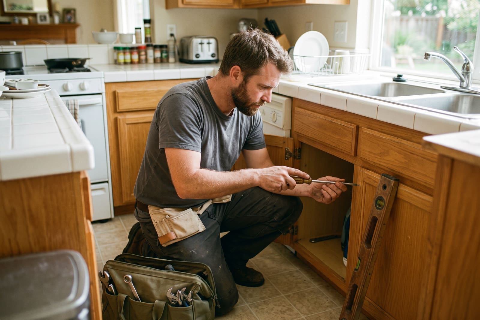A handyman kneeling at an open kitchen sink cabinet, tightening a cabinet door hinge with a screwdriver, his tool bag on the floor beside him.