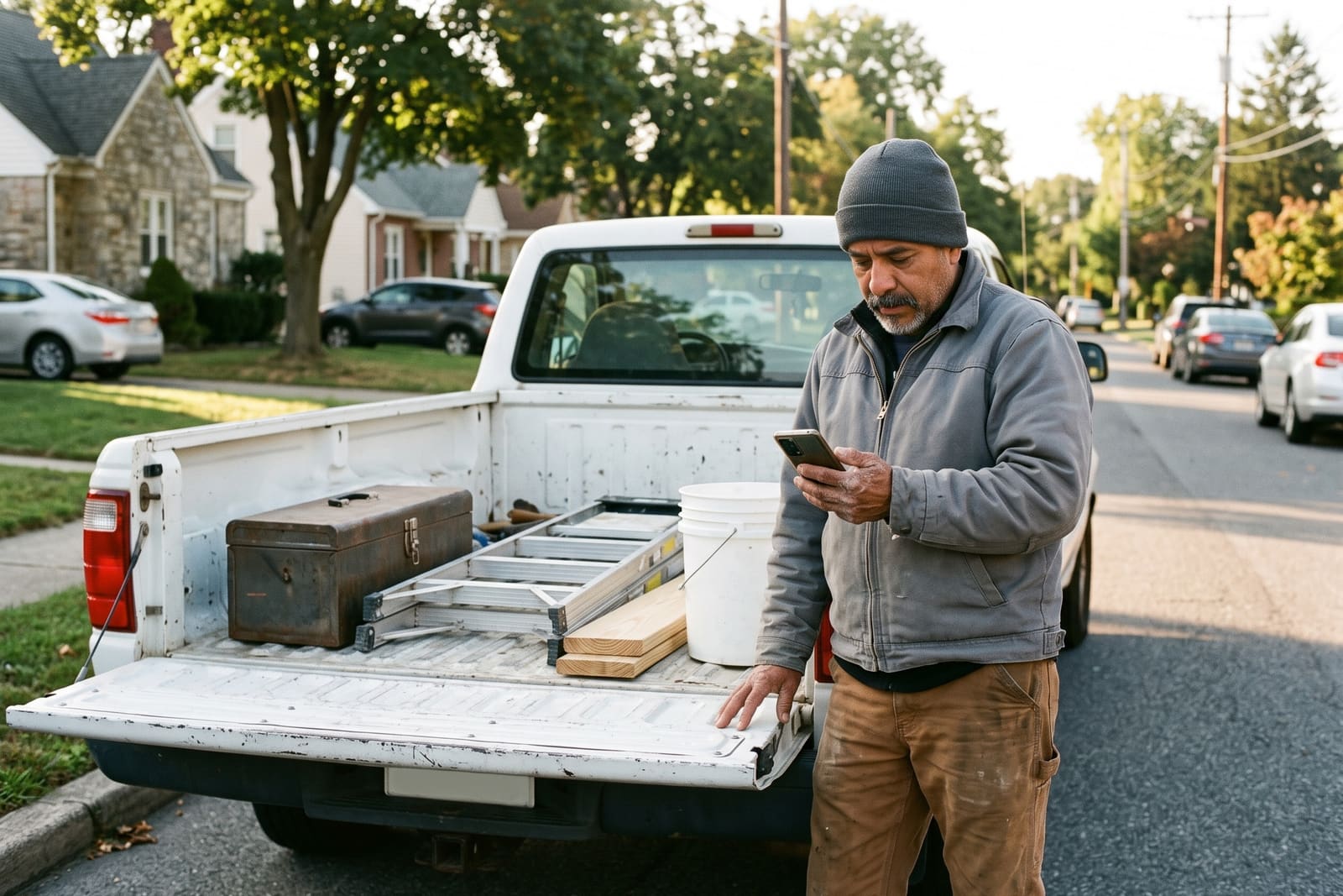 A handyman at the open tailgate of his pickup on a suburban street, looking at his phone, a toolbox, a step ladder and boards in the truck bed.