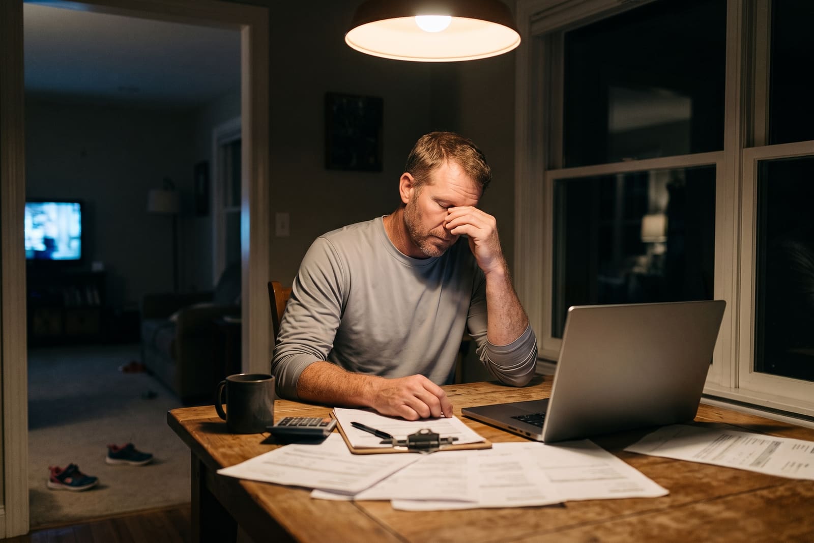 A generated image, not a real person: a tired man at a kitchen table late at night, pinching the bridge of his nose over a clipboard, papers, a calculator and a laptop.