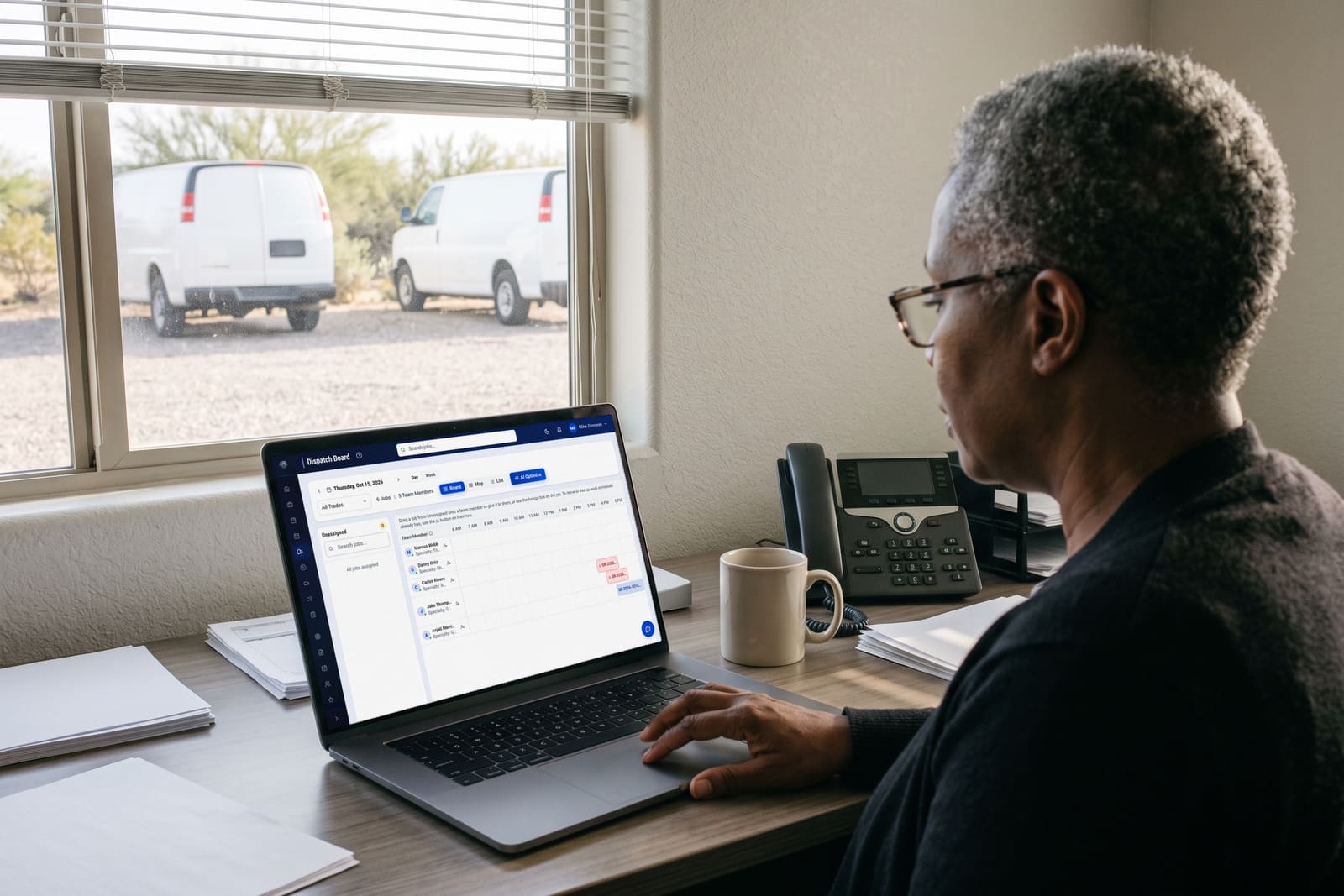 A generated image, not a real person: a woman at an office desk looks at the CONSTRUKTR dispatch board on her laptop, with a desk phone beside her and two white work vans parked outside the window.
