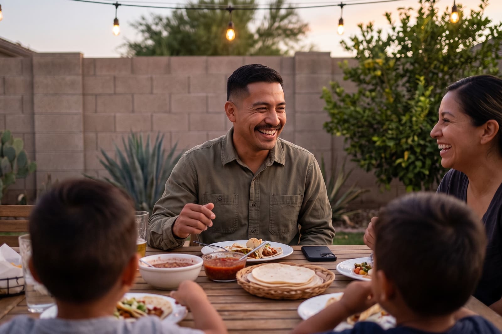 A generated image, not real people: a family laughing at dinner on a backyard patio at dusk, string lights overhead, a phone lying face down on the table.