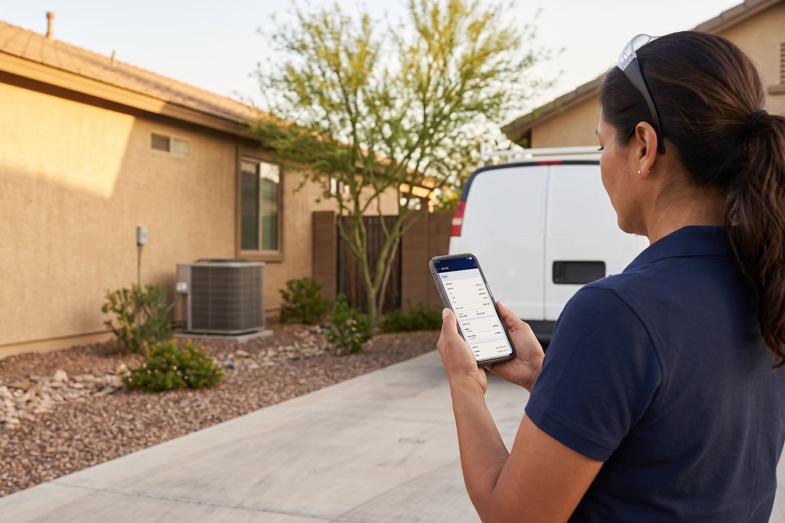 A generated image, not a real person: a field tech in a navy work shirt stands in a desert driveway at golden hour, looking at a sent invoice on her phone, an air conditioning unit beside the house and a white work van behind her.