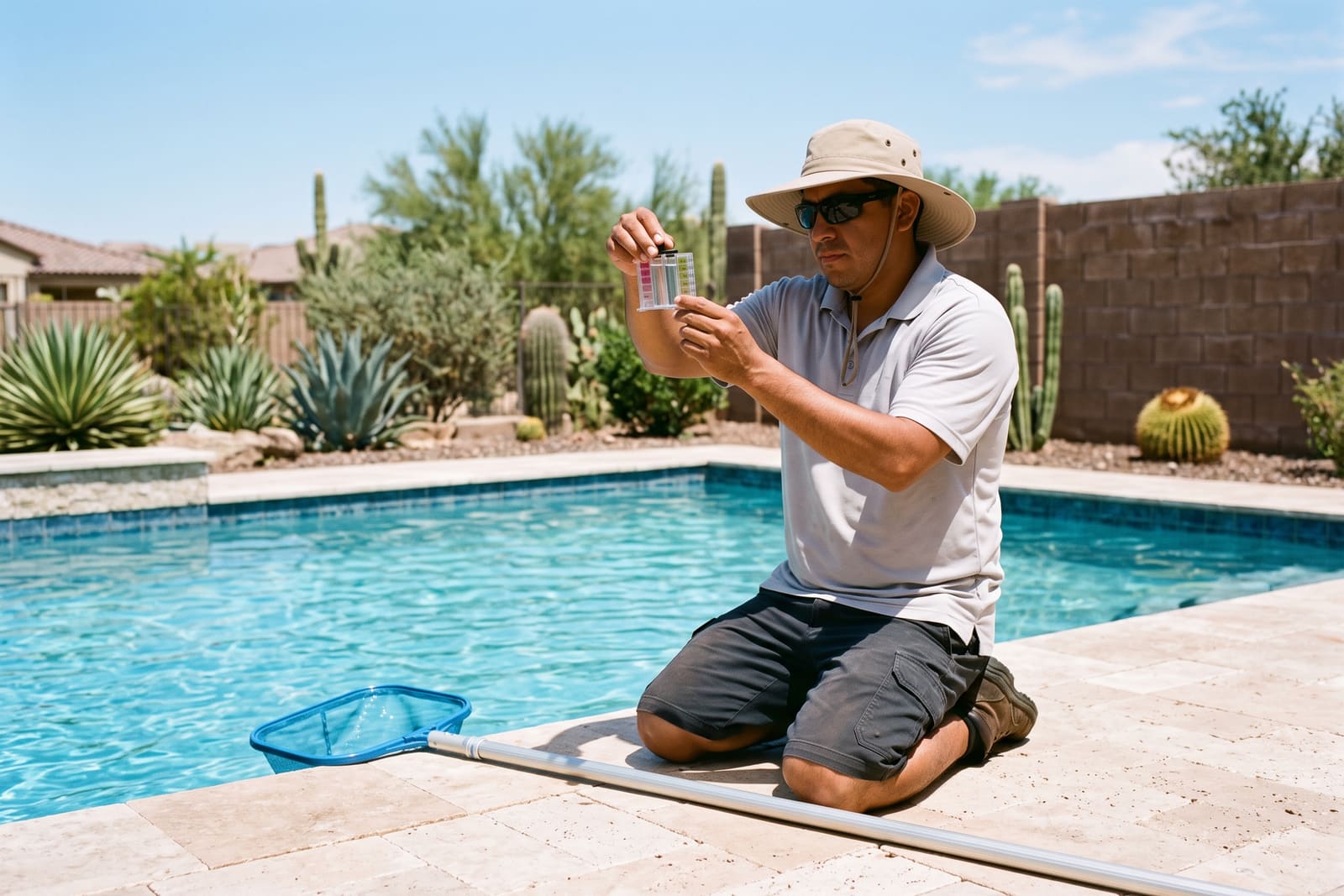 A generated image, not a real person: a pool technician kneeling at the edge of a backyard pool, holding up a water test vial, a skimmer net on the deck beside him.