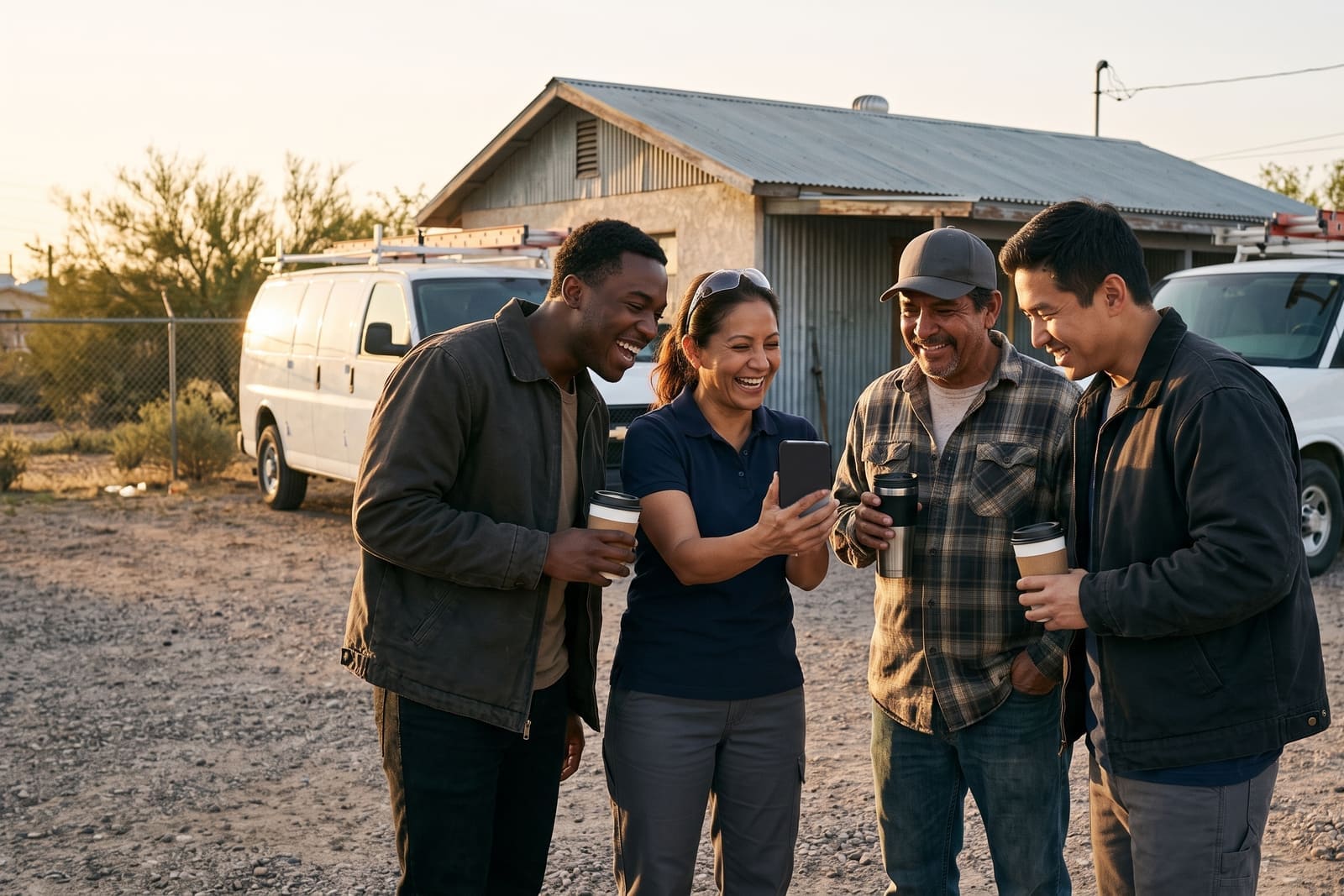 A generated image, not real people: a crew of four in plain work clothes, coffee in hand, laughing at a phone one of them holds, in a gravel yard at sunrise with two white work vans and a small shop behind them.