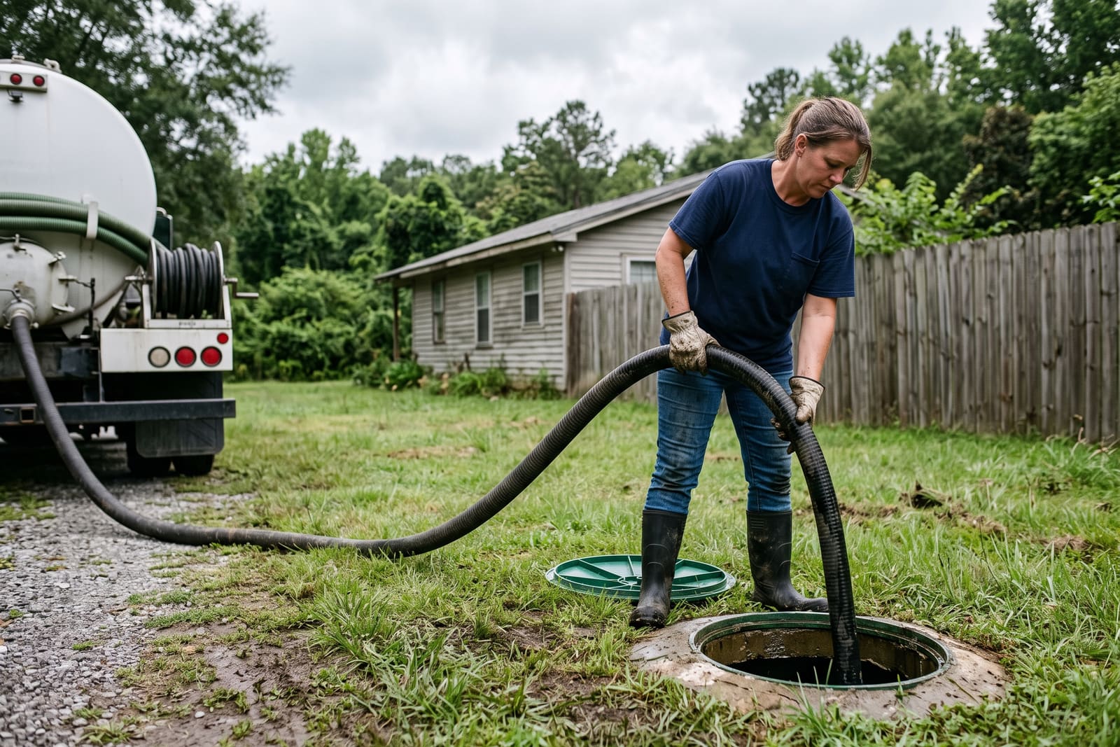 A generated image, not a real person: a septic technician guiding a vacuum hose from a pump truck into an open septic tank in a side yard.
