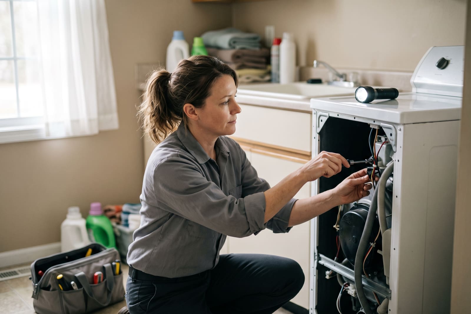 A generated image, not a real person: an appliance repair technician in a gray work shirt kneels in a laundry room, working inside the open side panel of a washing machine with a nut driver, a flashlight on top of the machine and a tool bag on the floor.