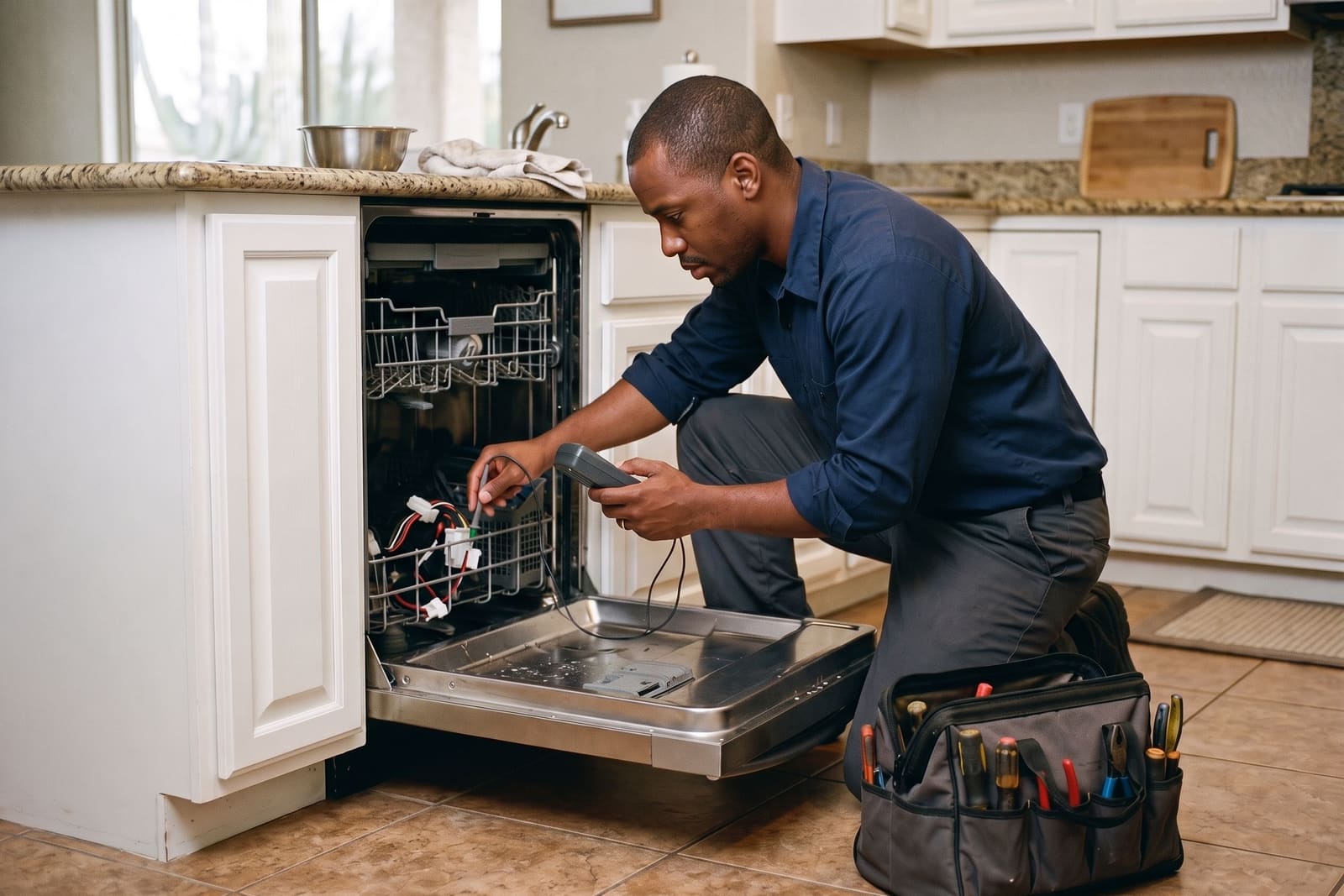 A generated image, not a real person: an appliance repair technician in a navy work shirt kneels at an open dishwasher in a home kitchen, testing its wiring with a meter, a tool bag on the tile floor beside him.