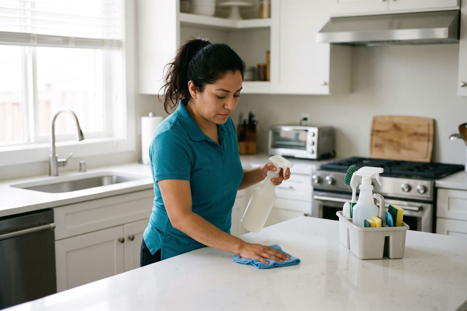 A generated image, not a real person: a house cleaner in a teal polo wipes a white kitchen countertop with a cloth, a spray bottle in her other hand and a caddy of cleaning supplies beside her.