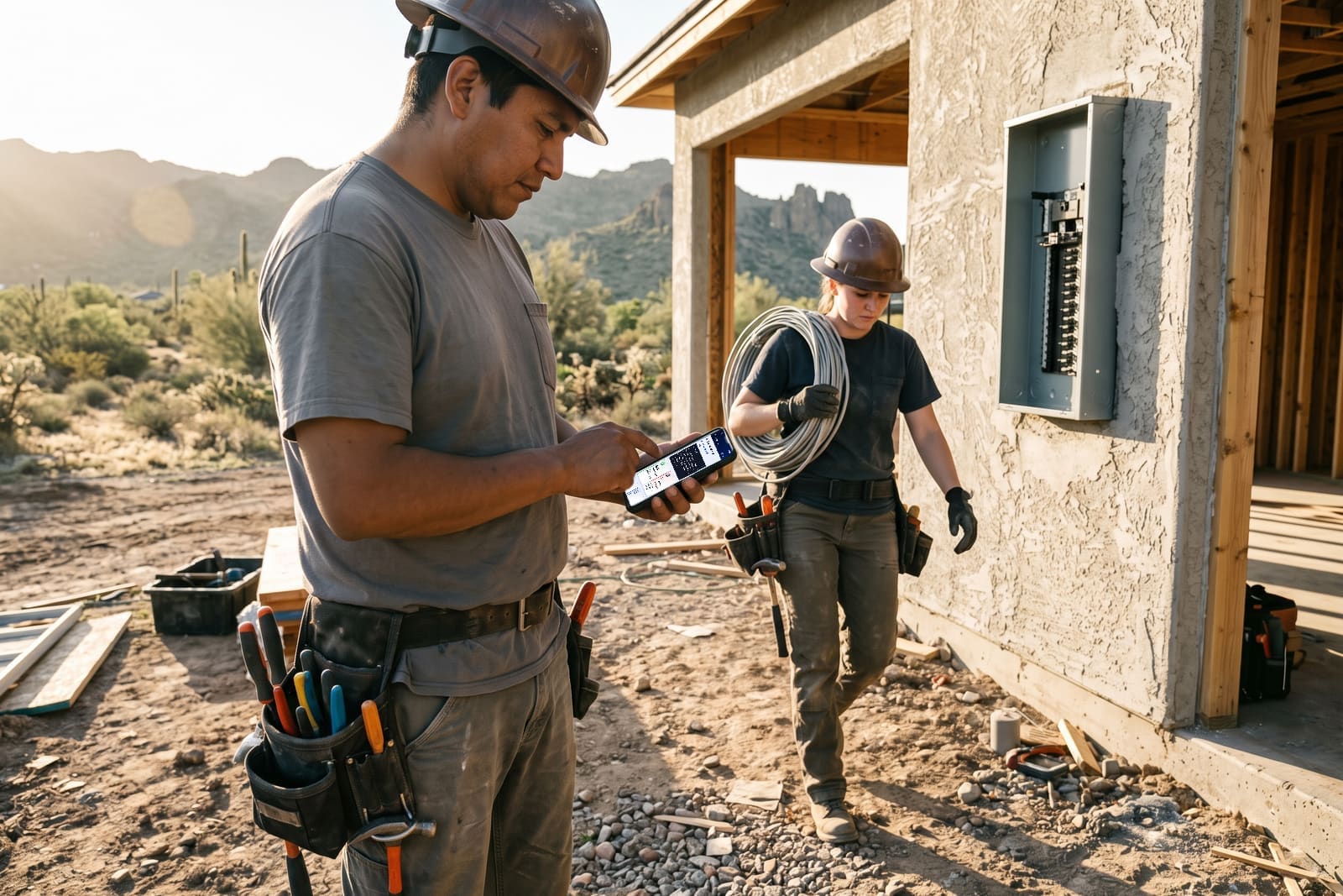 A generated image, not real people: an electrician in a hard hat and tool belt taps the CONSTRUKTR app on his phone outside a new stucco house in the desert, while a coworker carries a coil of wire past a breaker panel on the wall.