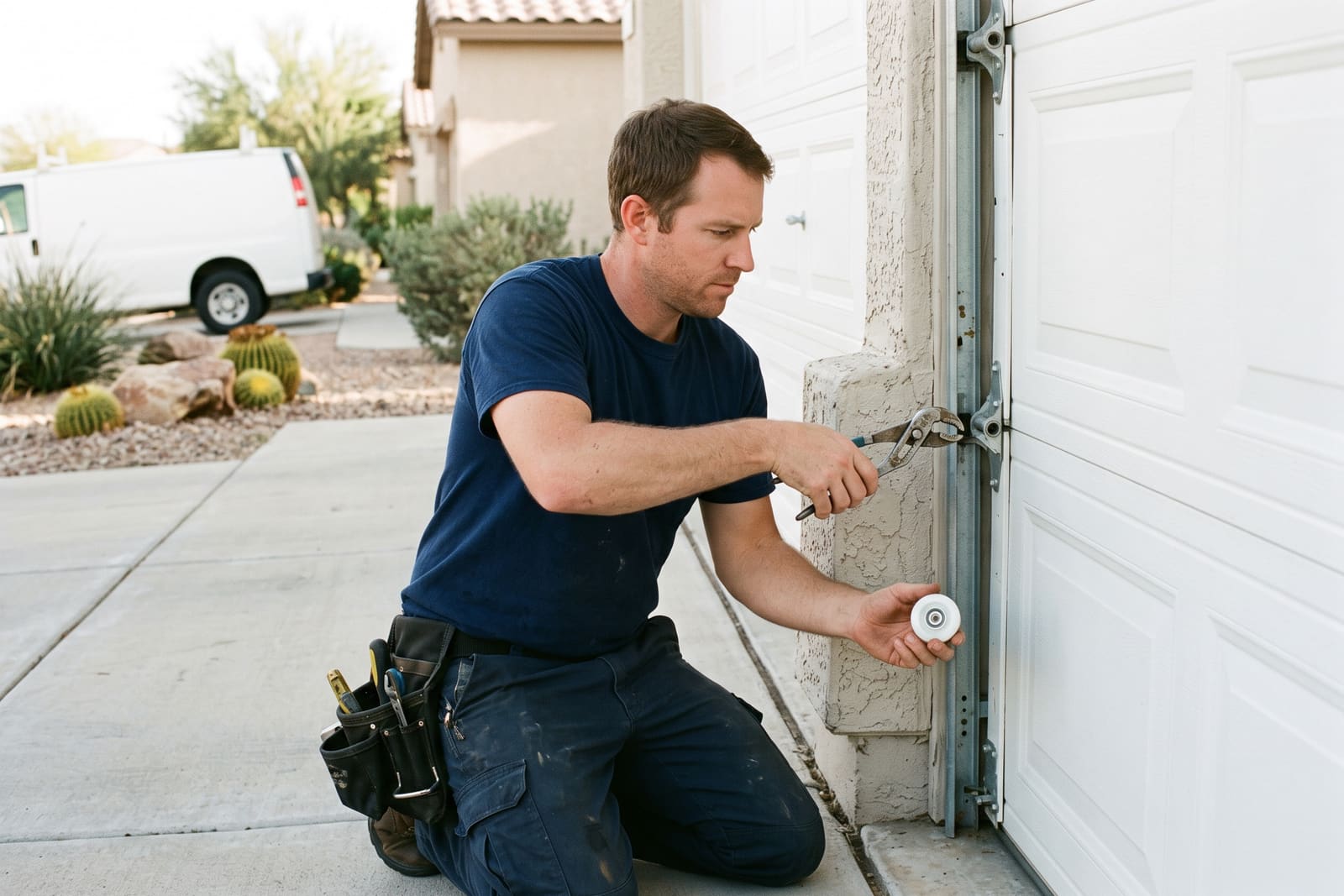 A generated image, not a real person: a garage door technician in a tool belt kneels at the bottom of a white garage door, replacing a door roller, a new roller in one hand and pliers on the hinge in the other, a white van and a desert front yard behind him.