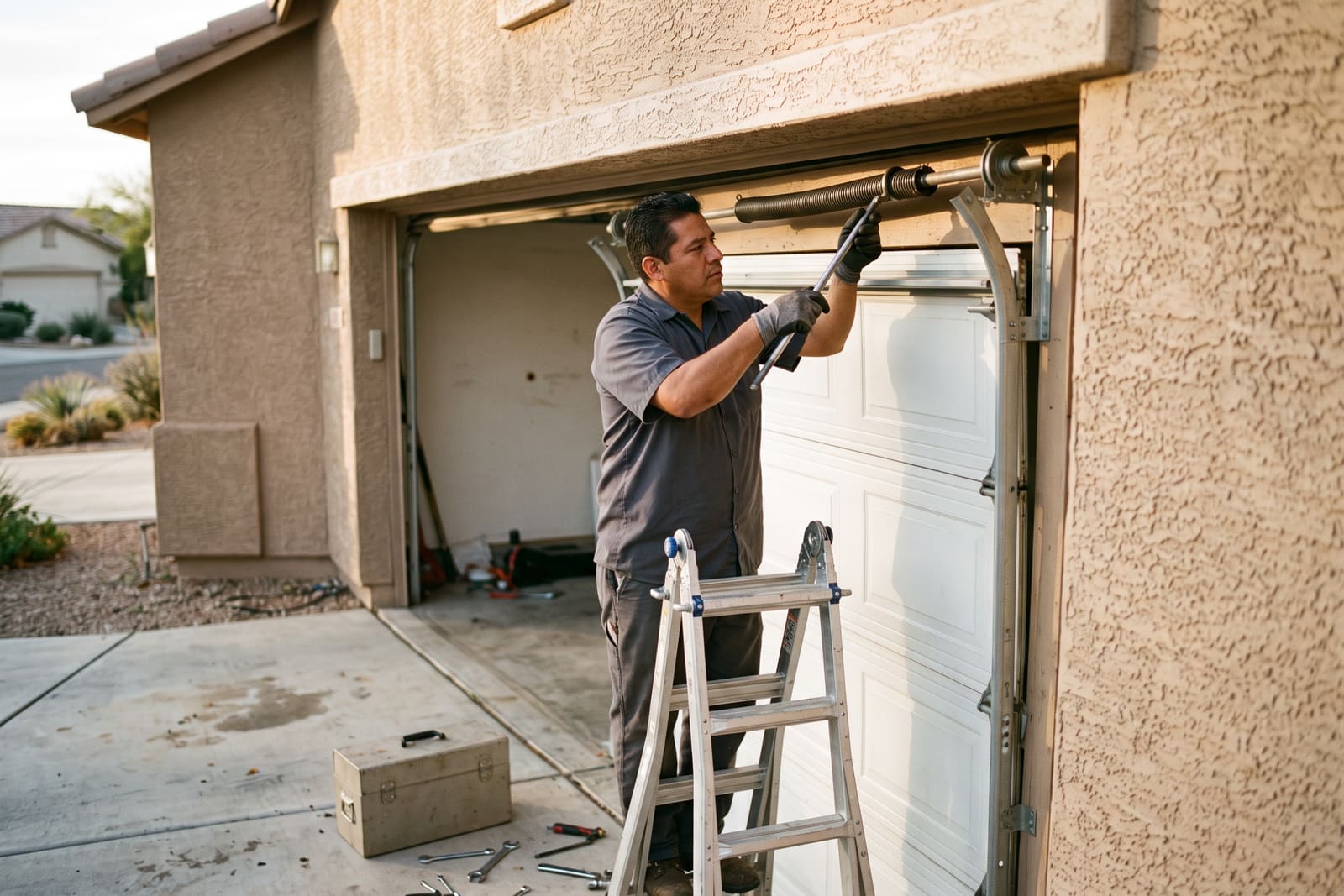 A generated image, not a real person: a garage door technician in work gloves stands beside a step ladder at an open garage, turning a winding bar on the spring above a white garage door of a stucco house.