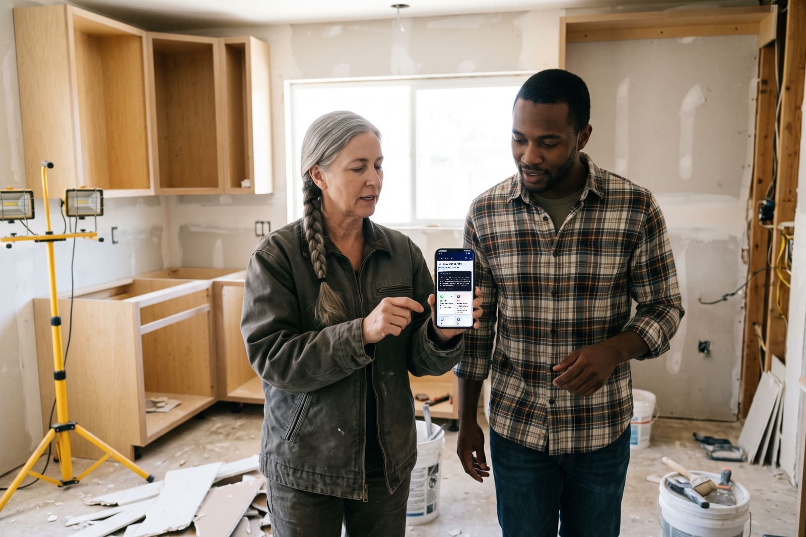 A generated image, not real people: a contractor in a work jacket shows the CONSTRUKTR app on her phone to a homeowner in a kitchen being remodeled, with new cabinets in place and bare drywall around them.