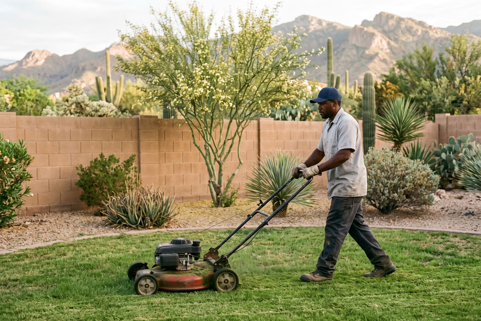 A generated image, not a real person: a landscaper in a cap and work gloves pushes a lawn mower across a backyard lawn, a block wall, desert plants and mountains behind him.