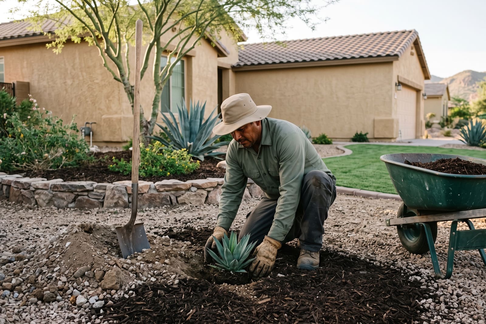 A generated image, not a real person: a landscaper in a wide-brim hat and work gloves kneels in fresh mulch, setting a young agave into a new desert front-yard bed, a shovel in the soil beside him and a wheelbarrow of mulch nearby.