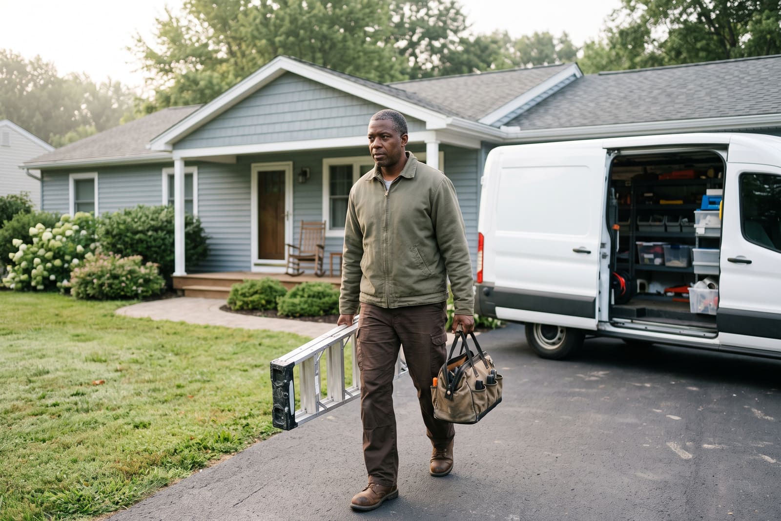 A generated image, not a real person: a tradesperson walking up a front path with a tool bag and a step ladder, a work van open in the driveway behind him.