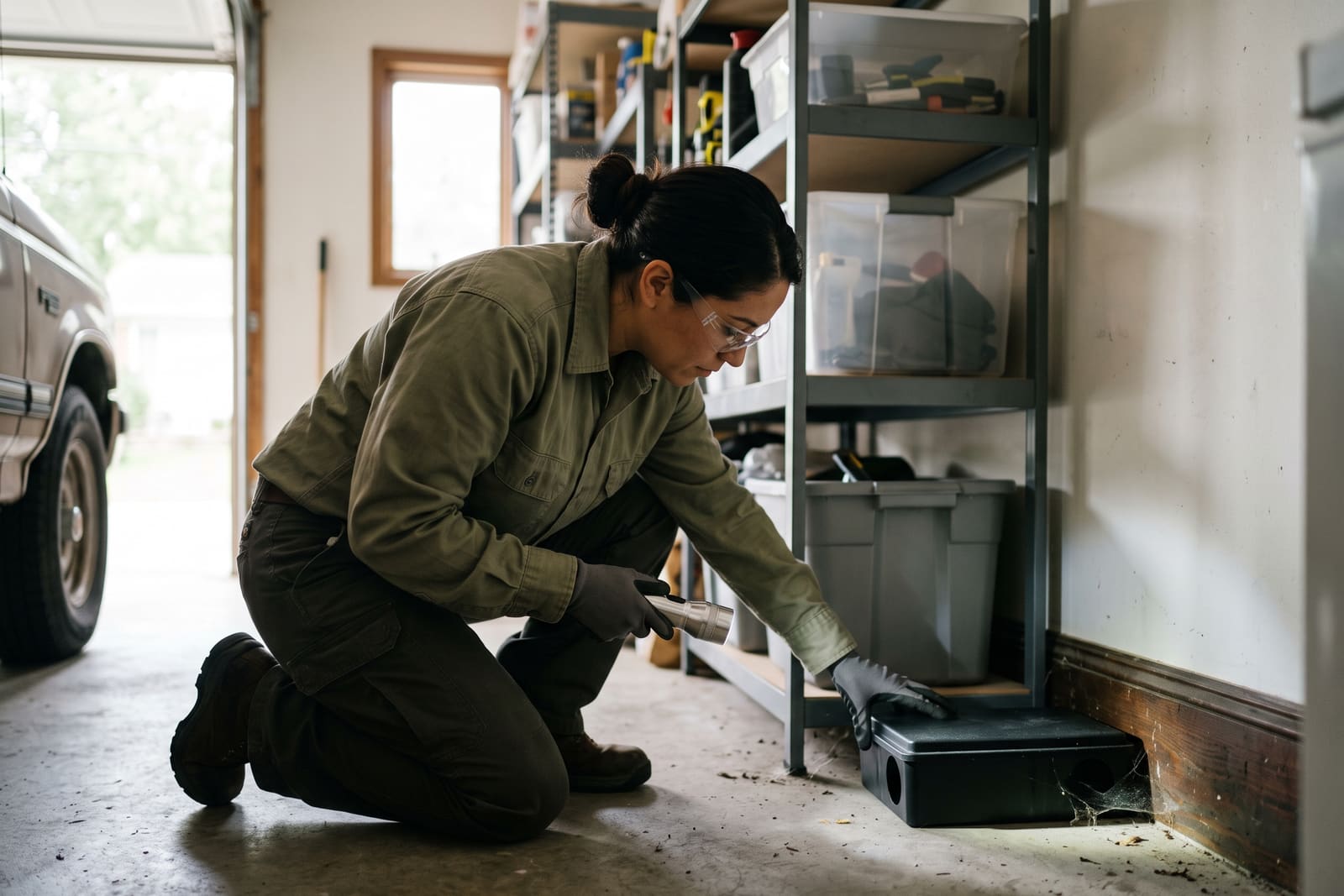 A generated image, not a real person: a pest control technician in safety glasses and gloves kneels on a garage floor, setting a black bait station against the wall, a flashlight in her hand.