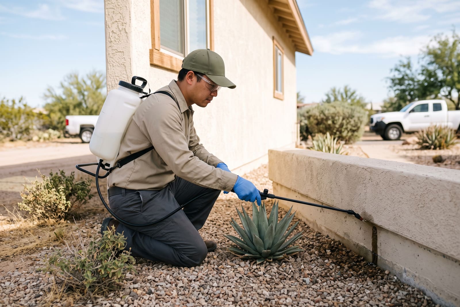 A generated image, not a real person: a pest control technician in a cap, safety glasses and gloves kneels in gravel beside a house, spraying along the base of a low stucco wall from a backpack sprayer.