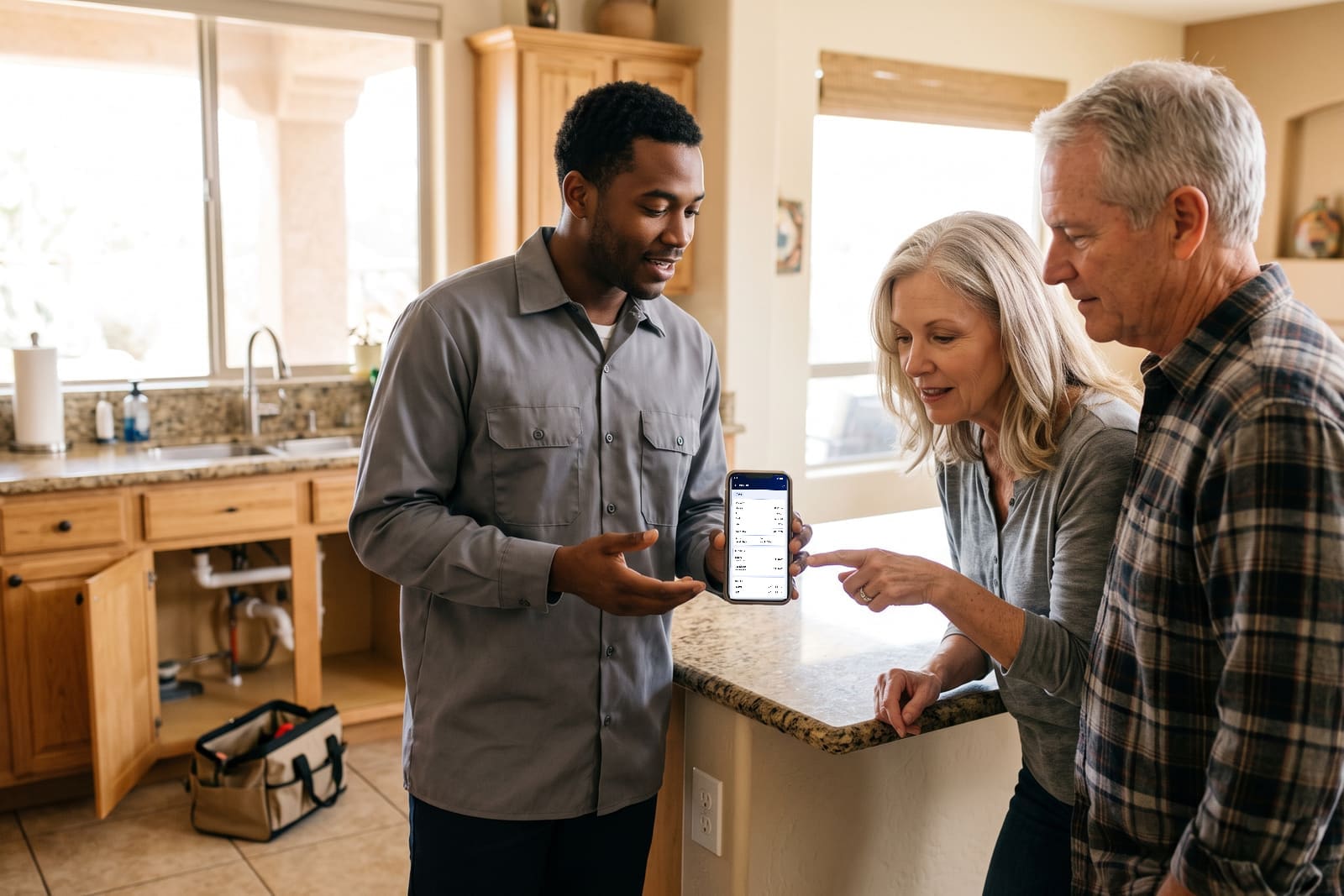 A generated image, not real people: a plumber in a gray work shirt shows a CONSTRUKTR invoice on his phone to an older couple at their kitchen island, the sink cabinet open behind him and his tool bag on the floor.
