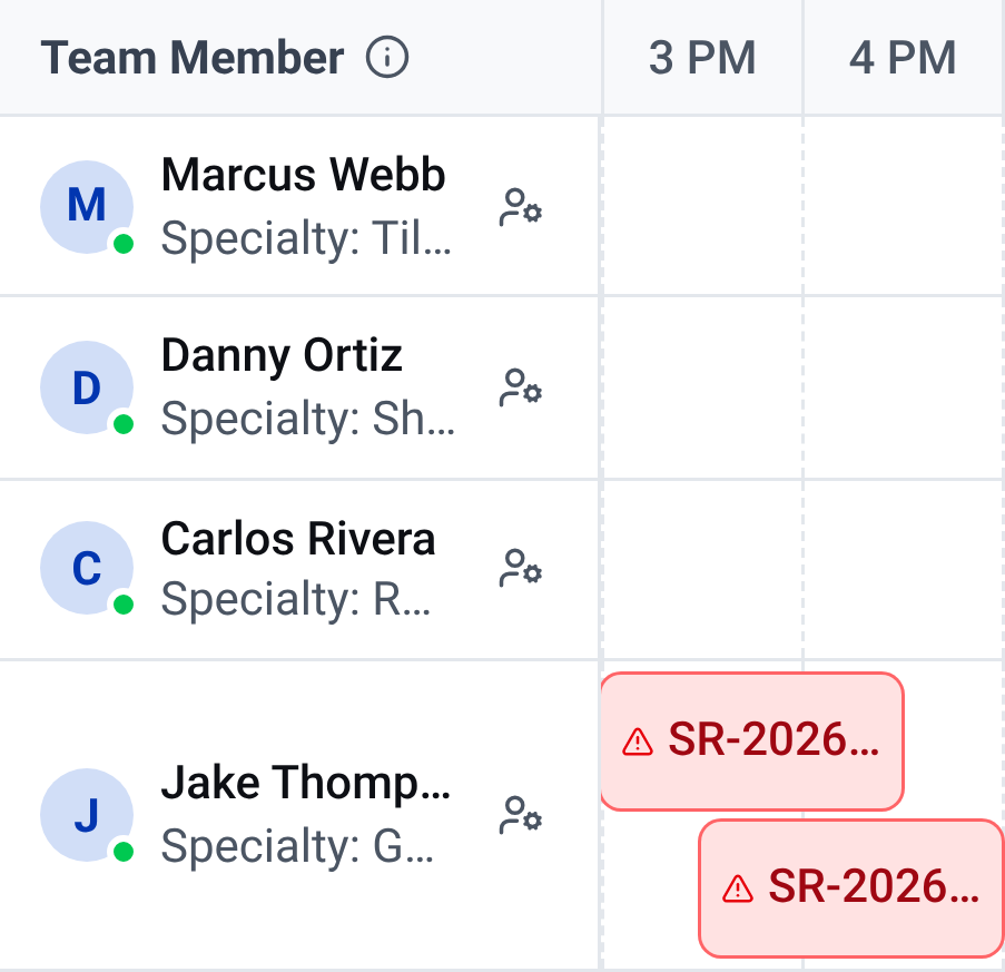 Part of the CONSTRUKTR web dispatch board for the demo company, from 3 PM to 5 PM, with each team member on their own row. One team member's row has two jobs flagged in red with a warning sign, one starting at 3 PM and one at 3:30 PM, so they overlap. The board shortens each job to the start of its job number, SR-2026.