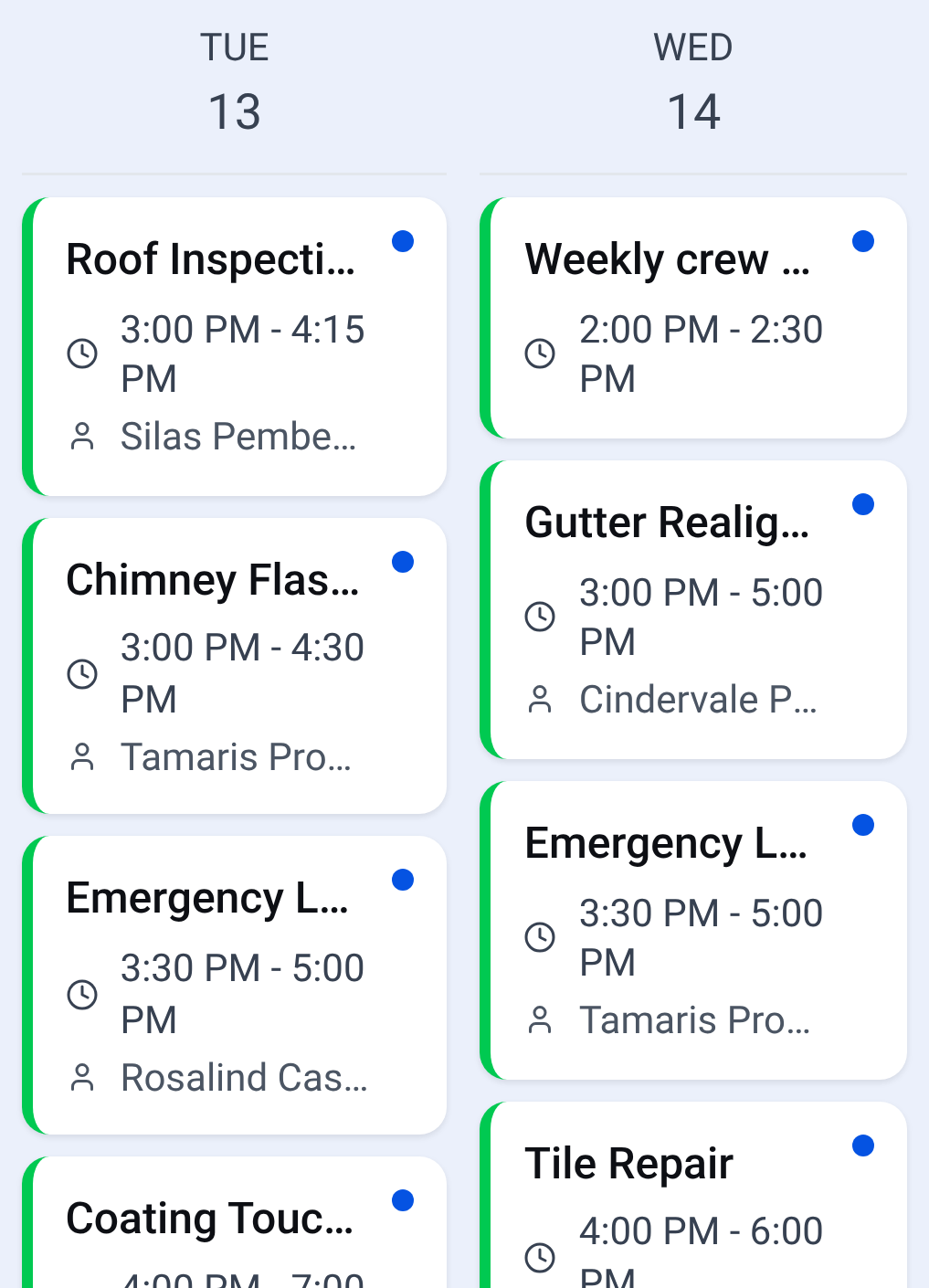 Part of the CONSTRUKTR web calendar's week view for the demo company. Each job shows its name and time, and most show the customer, such as a gutter realignment from 3:00 to 5:00 PM on Wednesday the 14th.