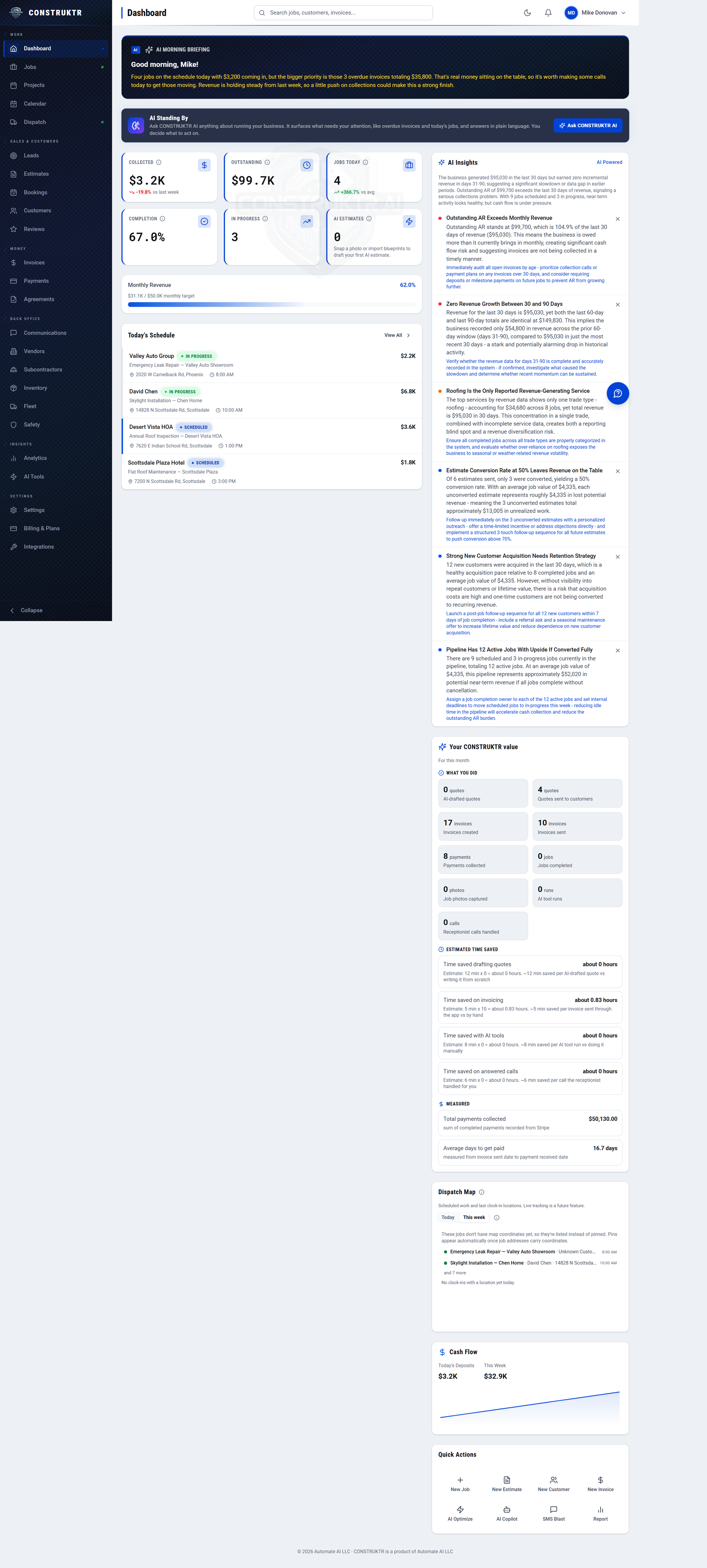 The CONSTRUKTR dashboard with revenue and job KPIs, AI Insights, a dispatch map, cash flow, and the day's schedule.