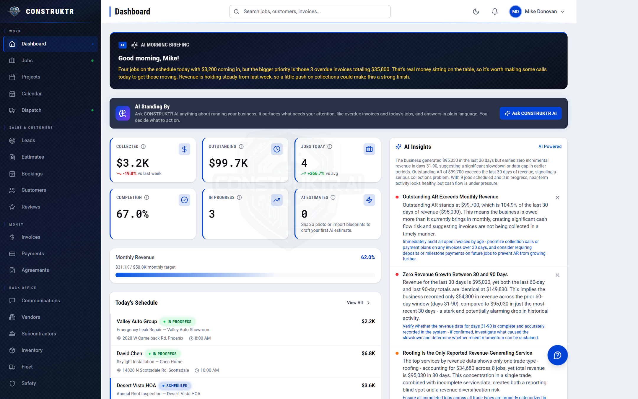 The CONSTRUKTR web platform dashboard: job and revenue KPIs, AI insights, the day's schedule, and the dispatch map.