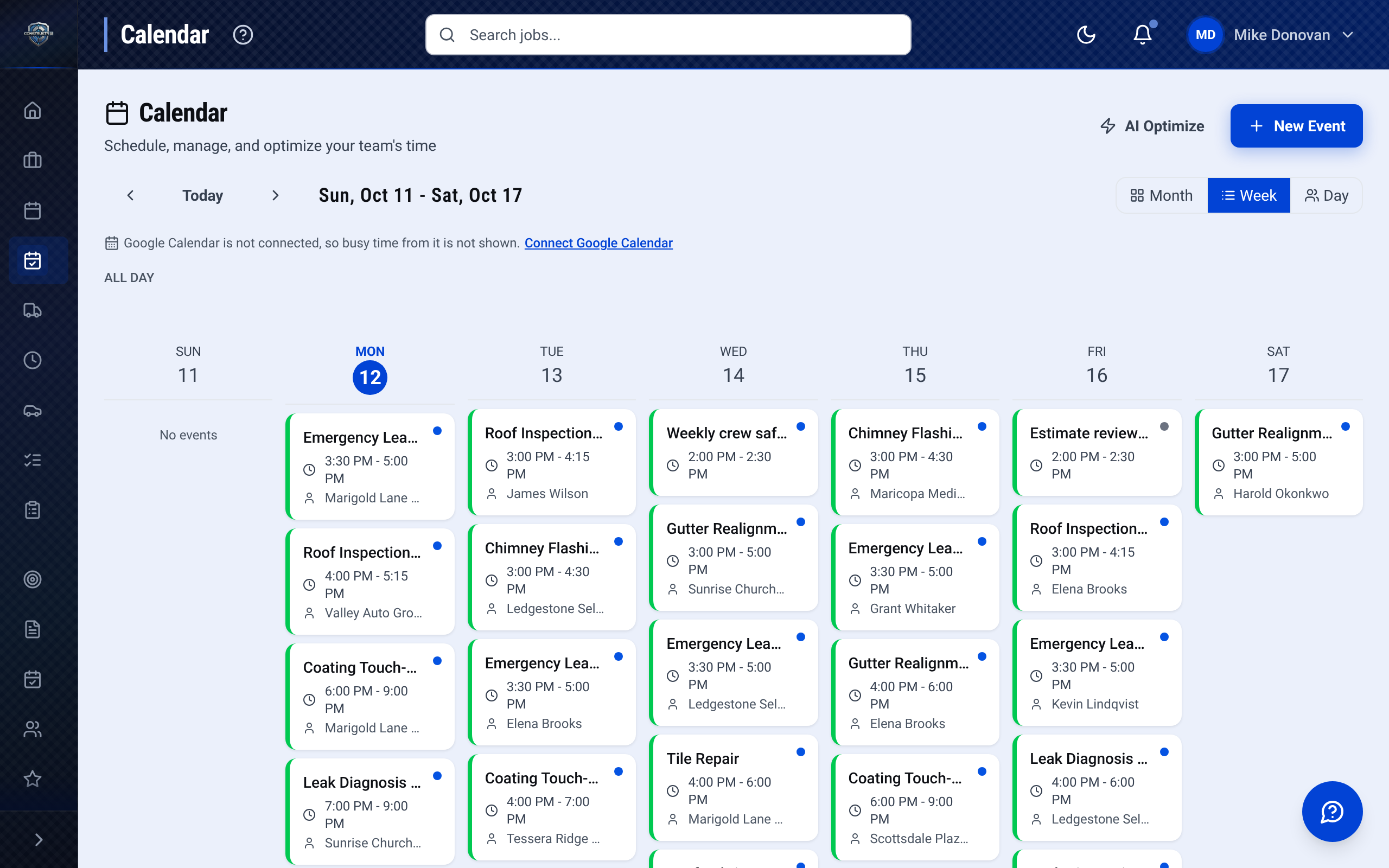 The CONSTRUKTR web calendar in week view, each day filled with the demo company's jobs, their times and customers.