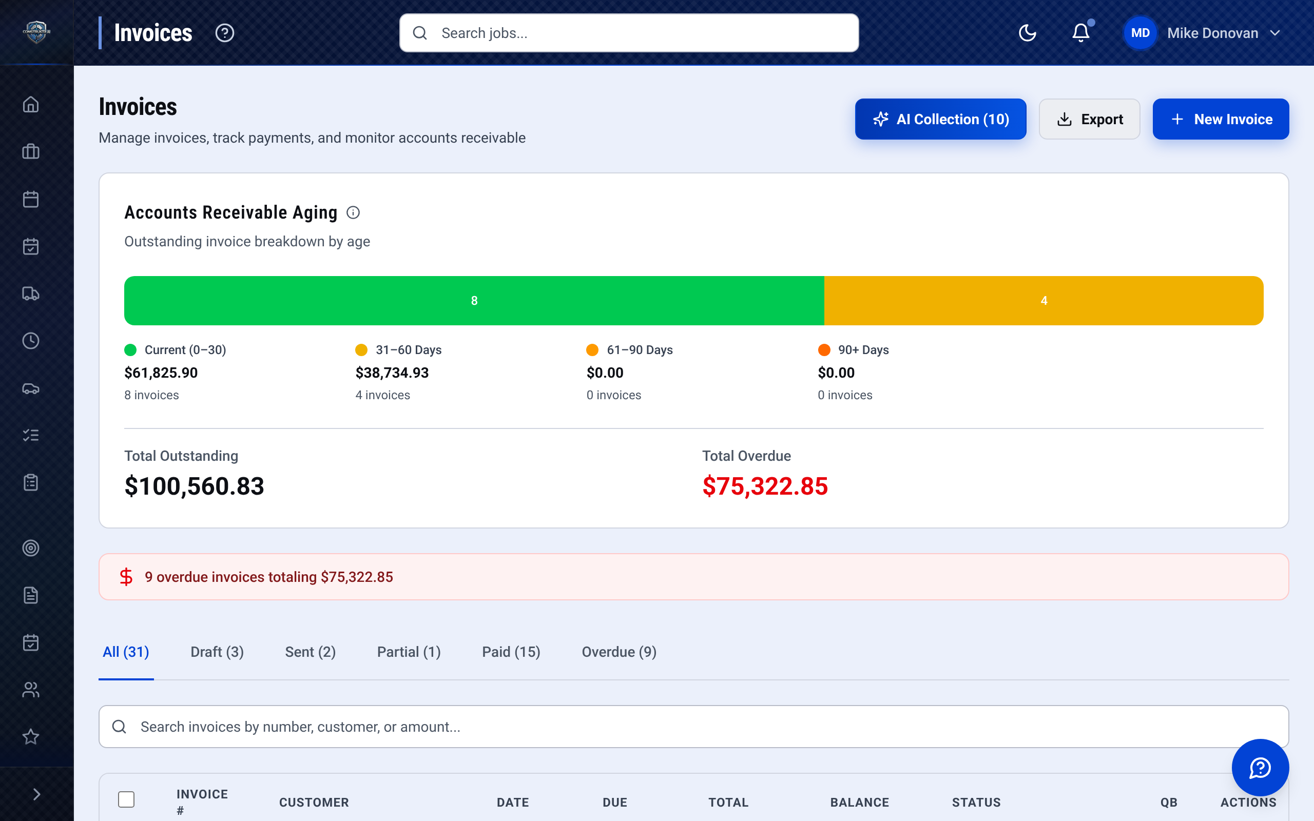 The CONSTRUKTR invoices page for the demo company: an accounts receivable aging bar, the total outstanding and total overdue, a warning about overdue invoices, and the invoice list below.